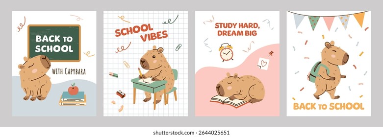 Bonito de volta à escola capybara poster definido em estilo plano desenhado à mão com animais engraçados, paleta de cor pastel, fundo branco. Perfeito para pôsteres infantis, cartões comemorativos, adesivos, design de mídia social.