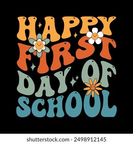 Cute back to school colorful groovy vector design for teacher and student on first day of school.