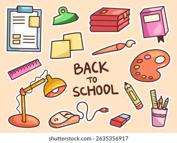 Cute Back to School Doodle Sticker Set – Hand Drawn School Supplies Vector. Perfect for educational designs, digital planners, and kids’ crafts.