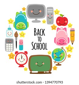 Cute Back to school frame banner design with colorful funny cartoon characters, education theme background