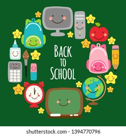 Cute Back to school frame banner design with colorful funny cartoon characters, education theme background