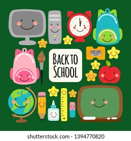 Cute Back to school frame banner design with colorful funny cartoon characters, education theme background