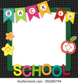 Cute Back to School frame with bunting, multicolored letters and stars characters on school board background