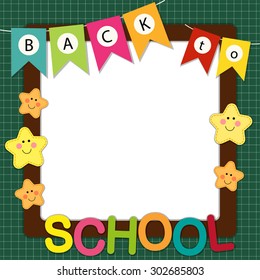 Cute Back to School frame with bunting, multicolored letters and stars characters on school board background