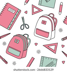 Ilustração bonito de volta à escola com vários artigos de papelaria, relógio e mochila em estilo plano moderno.