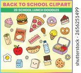 Cute back to school lunch doodles featuring kawaii food items like sandwiches, pizza, fruit, snacks, and drinks. Fun and colorful vector clipart set.