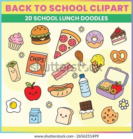 Cute back to school lunch doodles featuring kawaii food items like sandwiches, pizza, fruit, snacks, and drinks. Fun and colorful vector clipart set.
