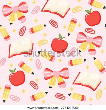 Cute back to school pencil bow apple and book seamless pattern