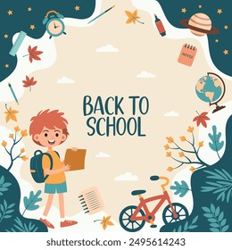 Cute back to school post for social media, about children and school supplies