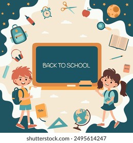 Cute back to school post for social media, about children and school supplies