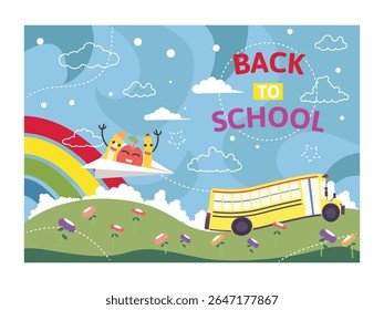 Cute Back to School Poster with Paper Plane, Rainbow, Bus, and Happy Pencils in Cartoon Style