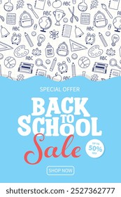 Cute Back to School Sale poster with hand drawn icons. Back to school design. Vector illustration