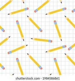 Cute Back to School seamless pattern. Yellow graphite pencils on graph pad squares background. Vector hand-drawn isolated illustration for textile, fabric, wrapping paper and other print and design.
