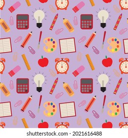 Cute Back to school  seamless pattern with notebook, lightbulb, clock, calculator, ruler, crayon, apple, color palette, brush and paper clipper on light purple background. vector illustration   