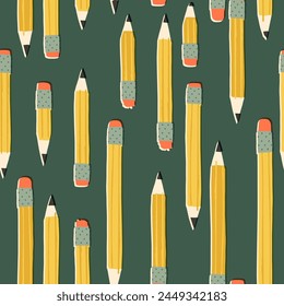 Cute Back to School seamless pattern. Yellow graphite pencils on a green background. Vector hand-drawn repeat for textile, fabric, wrapping paper, and other print and design with retro vibes.