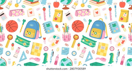 Cute back to school seamless pattern with school supplies. Educational design for kids products and stationery. Flat vector illustration