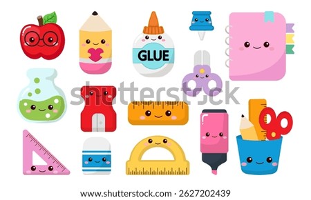 Cute back to school stationery element collection clipart, pencil, ruler, eraser, glue, book, scissors, marker