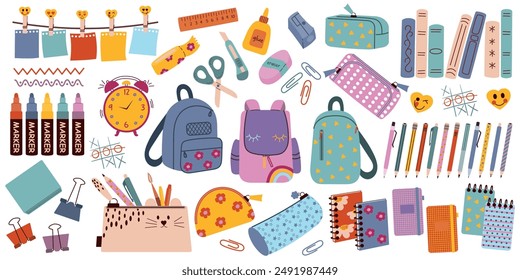 Cute back to school stationery. Study accessories, student equipment. Back to school. Trendy modern vector illustration isolated on white
