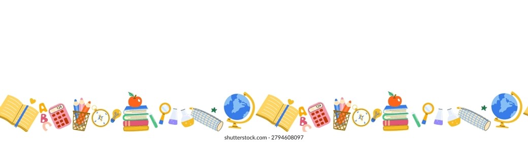 Cute Back to School supplies border, flat vector illustration isolated on white. School stationery, book and education, science background set.