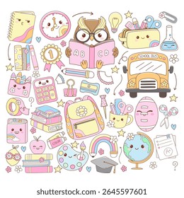 Cute Back to School, Teacher Elements Doodle Cartoon Style Hand Drawn Vector