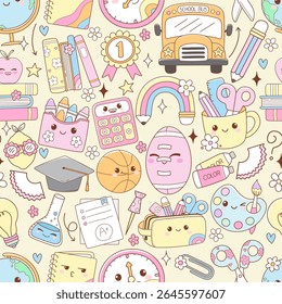 Cute Back to School, Teacher Elements Seamless Pattern Isolated Hand Drawn Design for Fabric Digital paper Vector