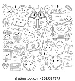 Cute Back to School, Teacher Elements Doodle Cartoon Style Hand Drawn Outline Coloring Page Vector