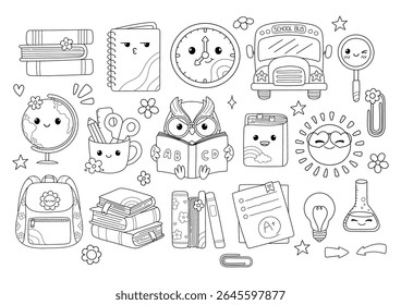 Bonito de volta para a escola, Professor Elementos Doodle Estilo Desenhado à Mão Contorno Colorir Page Vetor
