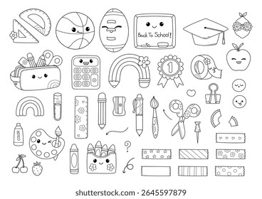 Cute Back to School, Teacher Elements Doodle Cartoon Style Hand Drawn Outline Coloring Page Vector