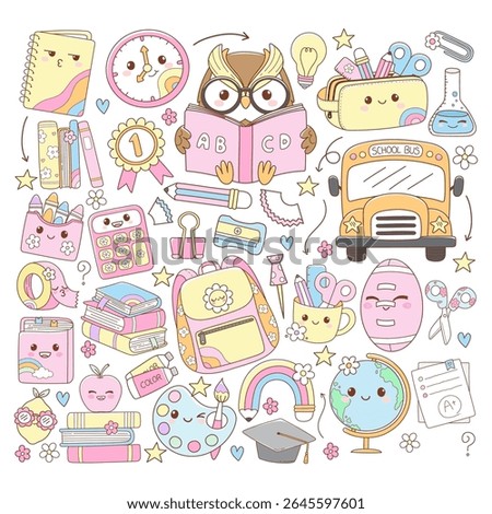 Cute Back to School, Teacher Elements Doodle Cartoon Style Hand Drawn Vector