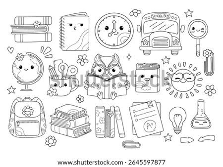Cute Back to School, Teacher Elements Doodle Cartoon Style Hand Drawn Outline Coloring Page Vector