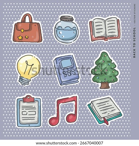 Cute back to school vector sticker pack with playful cartoon designs of supplies, lunchboxes, and school essentials. Great for planners, DIY crafts, kids, and printable sticker sheets.