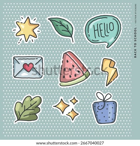 Cute back to school vector sticker pack with playful cartoon designs of supplies, lunchboxes, and school essentials. Great for planners, DIY crafts, kids, and printable sticker sheets.