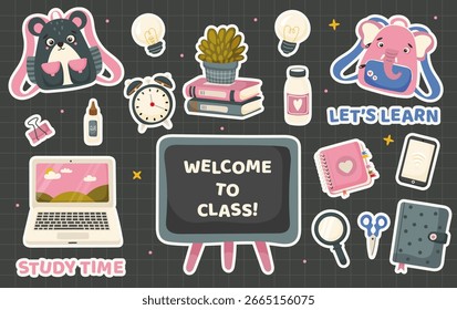 Conjunto de pegatinas de Vector lindo de regreso a la escuela con artículos de clase y papelería