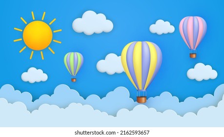 Cute background with 3d hot air balloons, clouds on a blue sky. Paper cut and 3d cartoon style. Vector illustration.