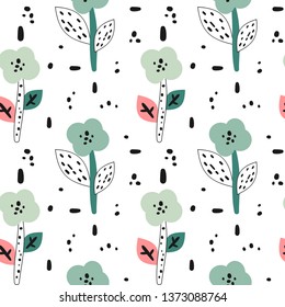 cute background with abstract hand drawn flowers, leaves and black shapes