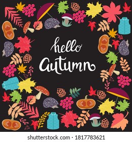  Fondo lindo con elementos de la temporada de otoño e inscripción hola otoño en el fondo oscuro.