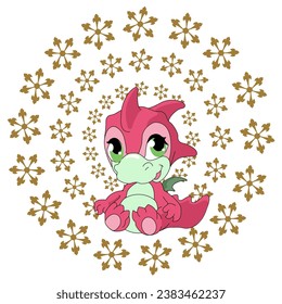 Cute background with baby dragon. Holiday christmas stickers. Cute Christmas background for wallpaper, gift paper, pattern fills, textile, greetings cards