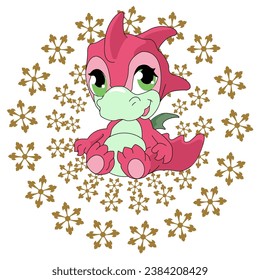 Cute background with baby dragon. Holiday christmas stickers. Cute Christmas background for wallpaper, gift paper, pattern fills, textile, greetings cards