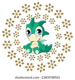 Cute background with baby dragon. Holiday christmas stickers. Cute Christmas background for wallpaper, gift paper, pattern fills, textile, greetings cards