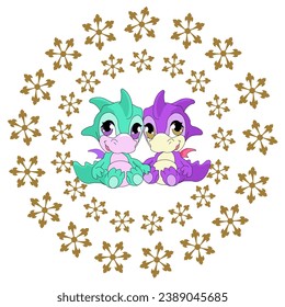 Cute background with baby dragon. Holiday christmas stickers. Cute Christmas background for wallpaper, gift paper, pattern fills, textile, greetings cards