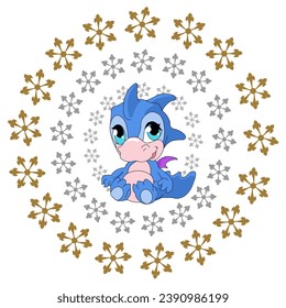 Cute background with baby dragon. Holiday christmas stickers. Cute Christmas background for wallpaper, gift paper, pattern fills, textile, greetings cards