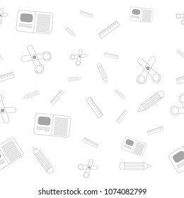 Cute Background. Back to school concept, pencil, book, scissors and ruler  ,seamless pattern vector illustration