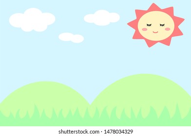 Cute background of a beautiful nature by there is green mountain and grass also cloud and sun above. by there is a copy space in the middle for adding text. Vector.