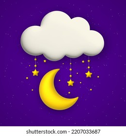 Fondo lindo con cielo azul nocturno, nube, estrellas doradas y huerta lunar. Ilustración vectorial.