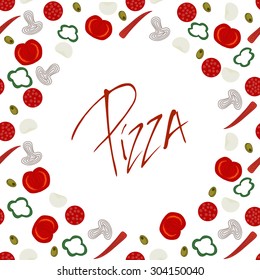 Cute background border frame with various pizza ingredients on white. With space for text. Vector illustration eps 10