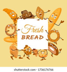 Cute background with bread characters. Wheat, rye and whole grain bread. Funny pretzel and bagel, ciabatta and muffin, croissant and French baguette, long loaf and toasts. Vector illustration.
