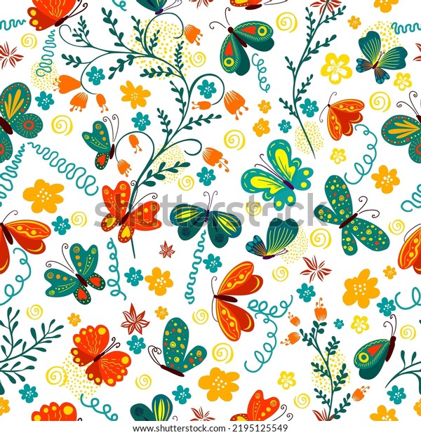 Cute Background Butterflies Flowers Seamless Pattern Stock Vector ...