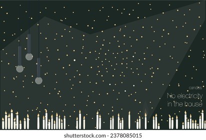 Cute background with candles and glowing yellow stars. Hanging pendant lamps.