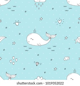 Cute background with cartoon blue whales. Baby shower design