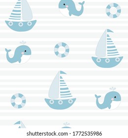 Cute background with cartoon blue whales. Baby shower design. Seamless pattern can be used for wallpapers, pattern fills, surface textures